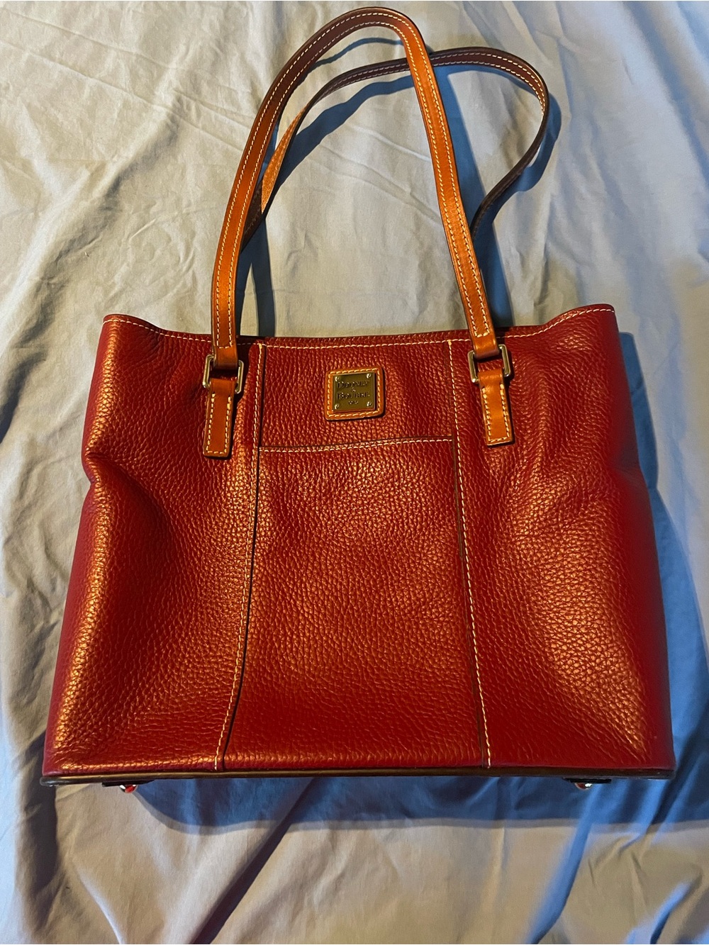 Dooney & Bourke Red Pebbled Leather Tote with Tan Handles